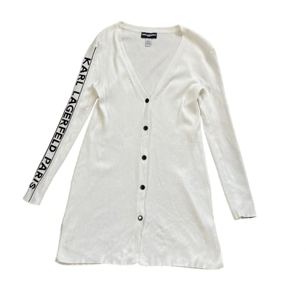 Karl Lagerfeld Paris Long Cardigan Ribbed White/Black Sweater Side Arm Logo XS - Picture 2 of 8